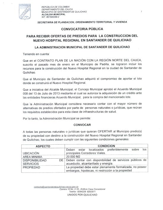 Convocatoria Pública - Santander de Quilichao