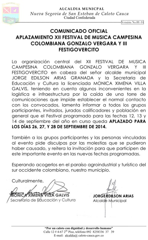 Comunicado Alcaldía de Caloto Comunicado Caloto