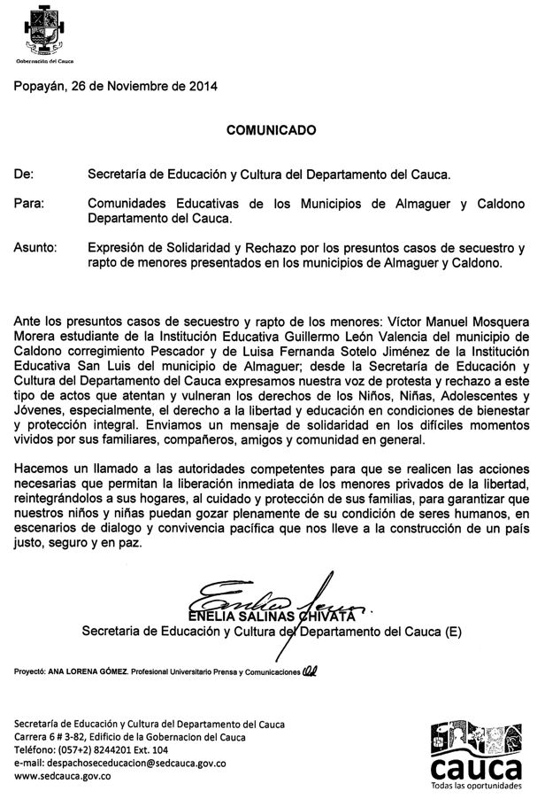 COMUNICADO - Secretaría de Educación del Cauca COMUNICADO - Secretaría de Educación del Cauca