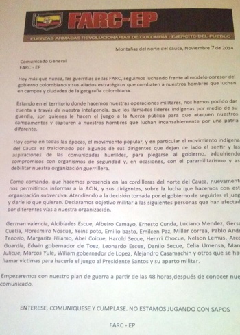 Panfleto, al parecer de las Farc, amenaza a líderes indígenas Panfleto, al parecer de las Farc, amenaza a líderes indígenas