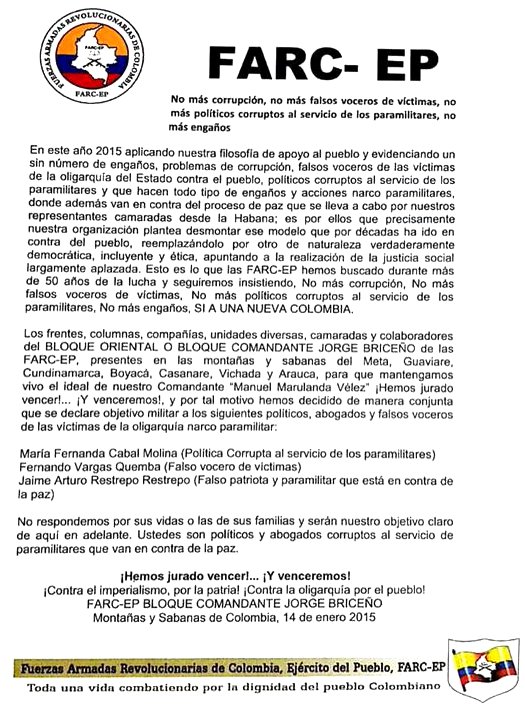 Pnafleto de las Farc que amenazan a María Fernanda Cabal y otros Pnafleto de las Farc que amenazan a María Fernanda Cabal y otros