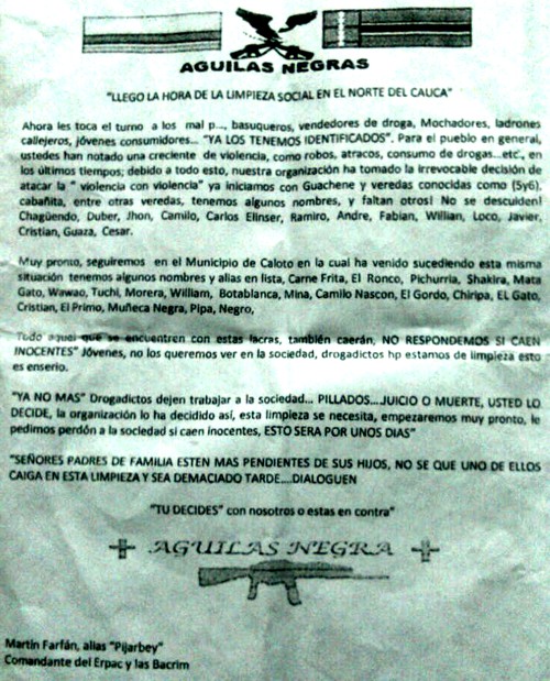 Temor en el norte del Cauca por panfletos amenazantes Panfleto que circula en Caloto y Guachené - Cauca