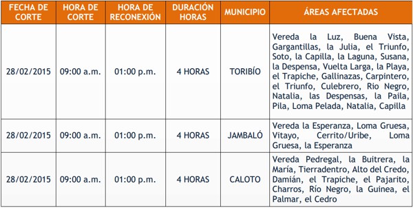 Suspensión de energía en Toribío Jambaló y Caloto