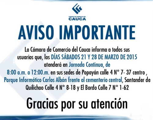 Aviso de la Cámara de Comercio del Cauca