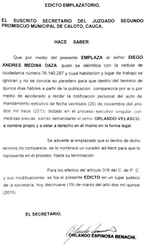 EDICTO EMPLAZATORIO CALOTO - CAUCA EDICTO EMPLAZATORIO CALOTO - CAUCA