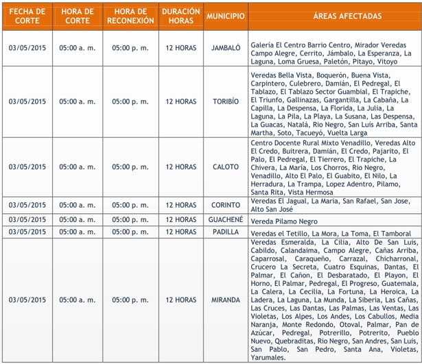 Suspenderán servicio de energía en algunos municipios nortecaucanos Suspenderán servicio de energía en algunos municipios nortecaucanos