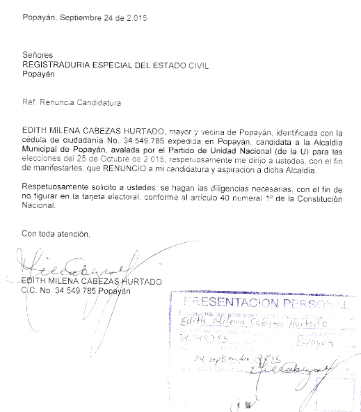 Edith Milena Cabezas renunció a la Alcaldía de Popayán Edith Milena Cabezas renunció a la Alcaldía de Popayán