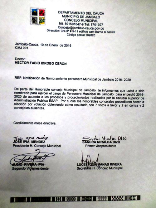 Notificación: Héctor Fabio Idrobo Cerón, nuevo personero de Jambaló, Cauca. NOTIFICACION NOMBRAMIENTO PERSONERO DE JAMBALO CAUCA 2016 - 2020