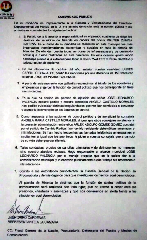 Comunicado john Jairo Cardenas