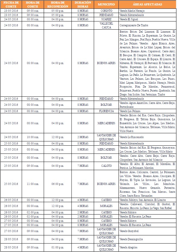 Trabajos de mantenimiento de la CEO en el Cauca - Semana del 23 al 29 de mayo de 2016 Trabajos de mantenimiento de la CEO en el Cauca - Semana del 23 al 29 de mayo de 2016