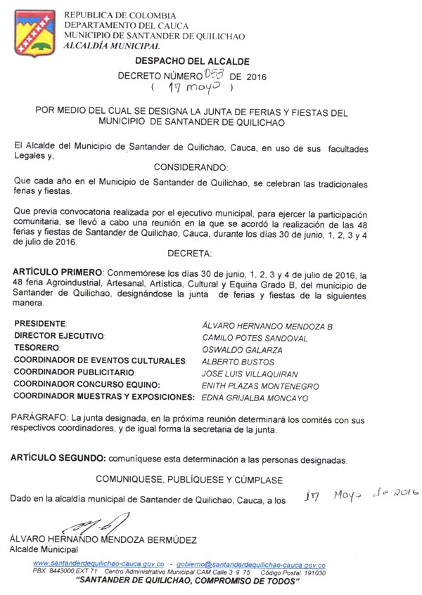 Decreto No. 053 de 2016 - Junta de Ferias y Fiestas de Santander de Quilichao