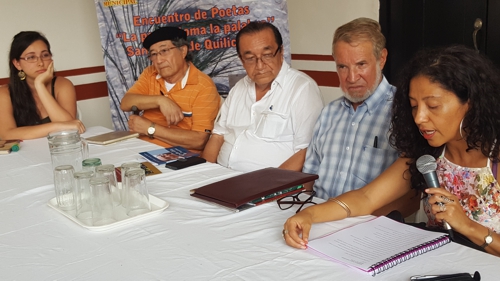 Jorge López, Javier Enrique Dorado Medina, Primo Rúrico Pino, Yazmín Muñoz, presentador Fabio Holguín. Encuentro de Poetas - Casona Unicauca 1