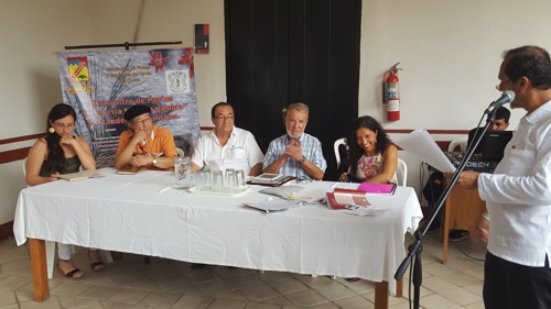 Jorge López, Javier Enrique Dorado Medina, Primo Rúrico Pino, Yazmín Muñoz, presentador Fabio Holguín. Encuentro de Poetas - Casona Unicauca 20