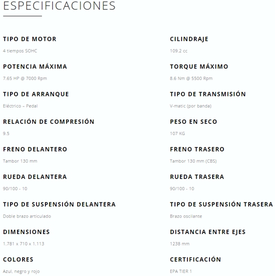 Especificaciones de la motociclete Honda DIO 110