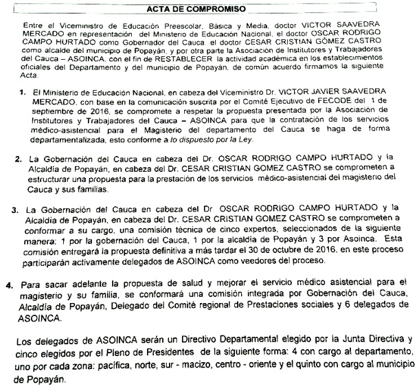 Acta de compromiso entre Asoinca y el Gobierno para levantar paro en el Cauca Acta de compromiso entre Asoinca y el Gobierno para levantar paro en el Cauca