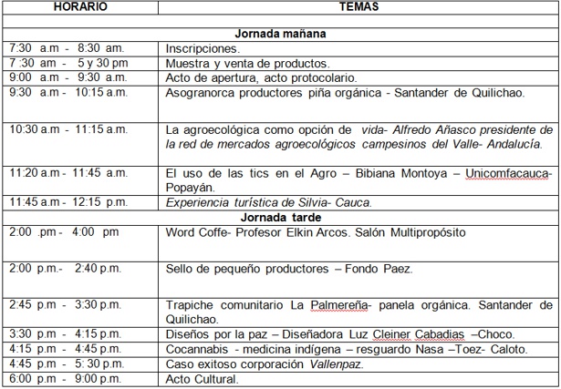 Agenda III Encuentro de Saberes Culturales y del Agro del Cauca