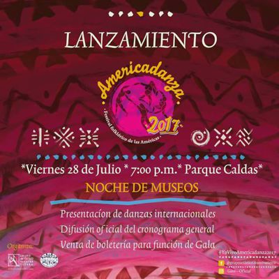 Este viernes 28 de julio se realizará el lanzamiento de la séptima versión del evento Americadanza ‘Festival Folklórico de las Américas’, que contará la participación de delegaciones de Bolivia, Chile, Curazao, Ecuador, México, Puerto Rico y Colombia. Americadanza 2017