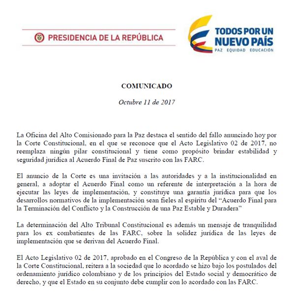 El blindaje es una protección jurídica que dio la Corte Constitucional a los acuerdos de paz
