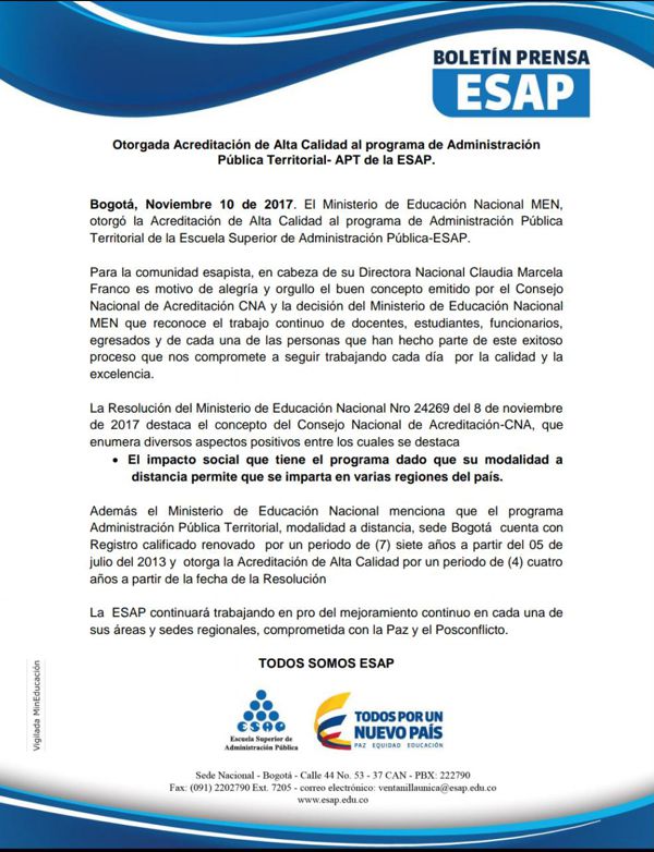 Otorgan acreditación de alta calidad a programa de la ESAP Otorgan acreditación de alta calidad a programa de la ESAP