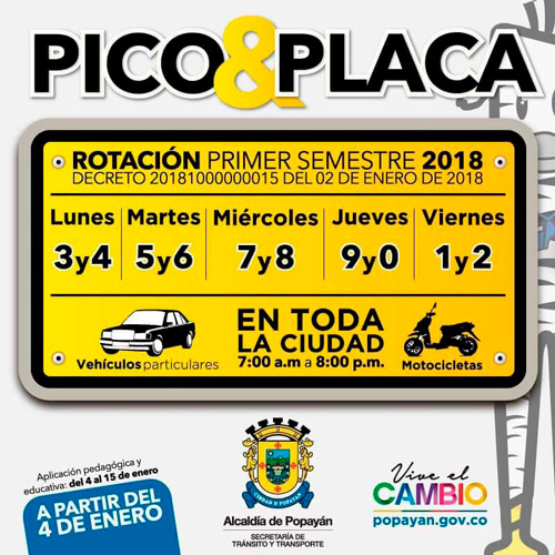 Popayán: así quedó el Pico y Placa para 2018