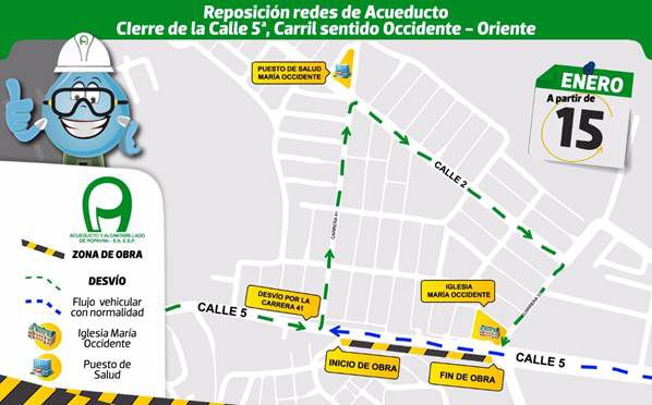 Cierre vial por reposición de redes de acueducto en Popayán