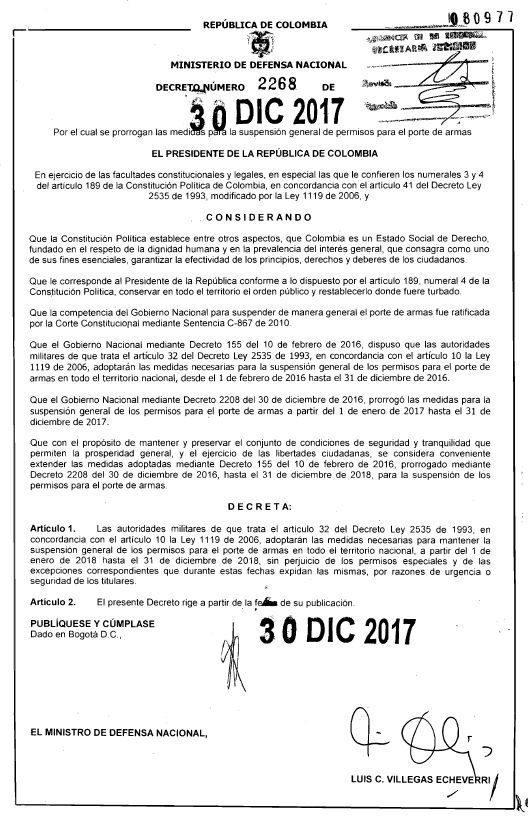 Gobierno prorroga por un año más, prohibición de porte de armas