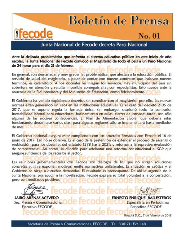 Paro de maestros para el 21 de febrero: Fecode