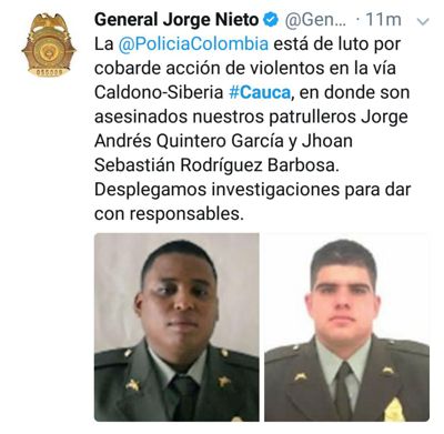 En emboscada asesinan dos policías en Caldono