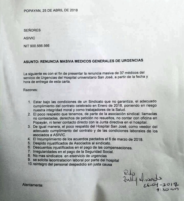 Continúa paro de médicos del San José de Popayán