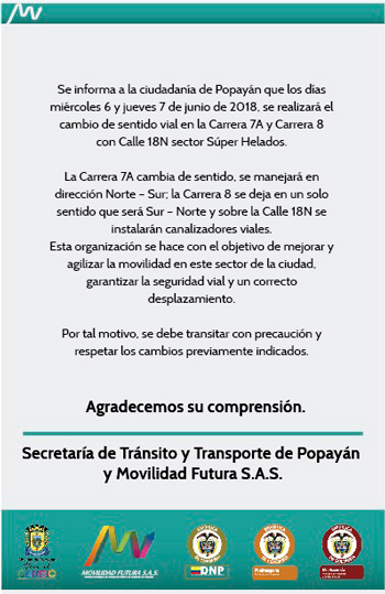 Cambio de sentido vial en Popayán Cambio de sentido vial en Popayán
