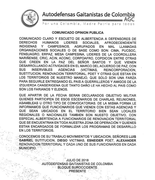Continúan amenazando a líderes sociales