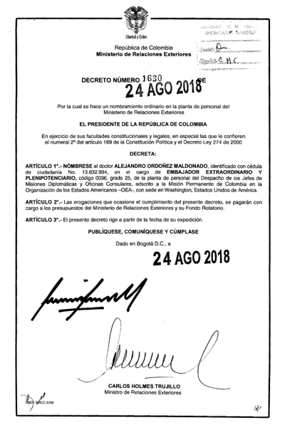 Alejandro Ordóñez, embajador ante la OEA