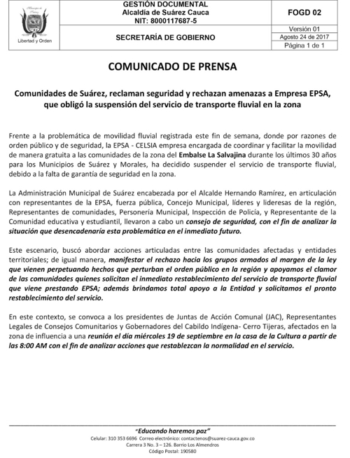 Tras retención de operarios y amenazas, suspenden transporte fluvial en La Salvajina