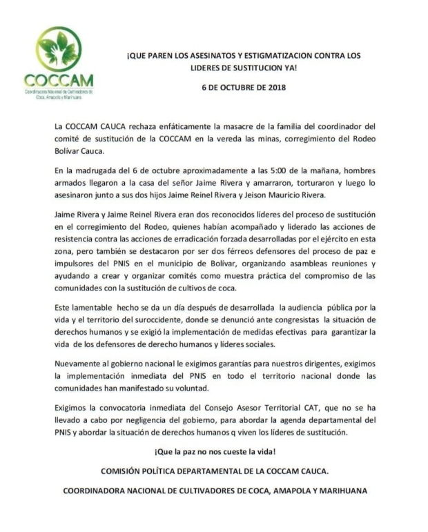 Sigue la matanza de líderes sociales en el Cauca