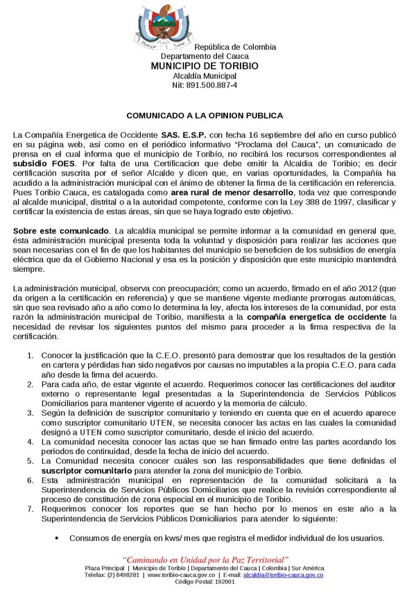 COMUNICADO A LA OPINIÓN PUBLICA ALCALDÍA DE TORIBÍO