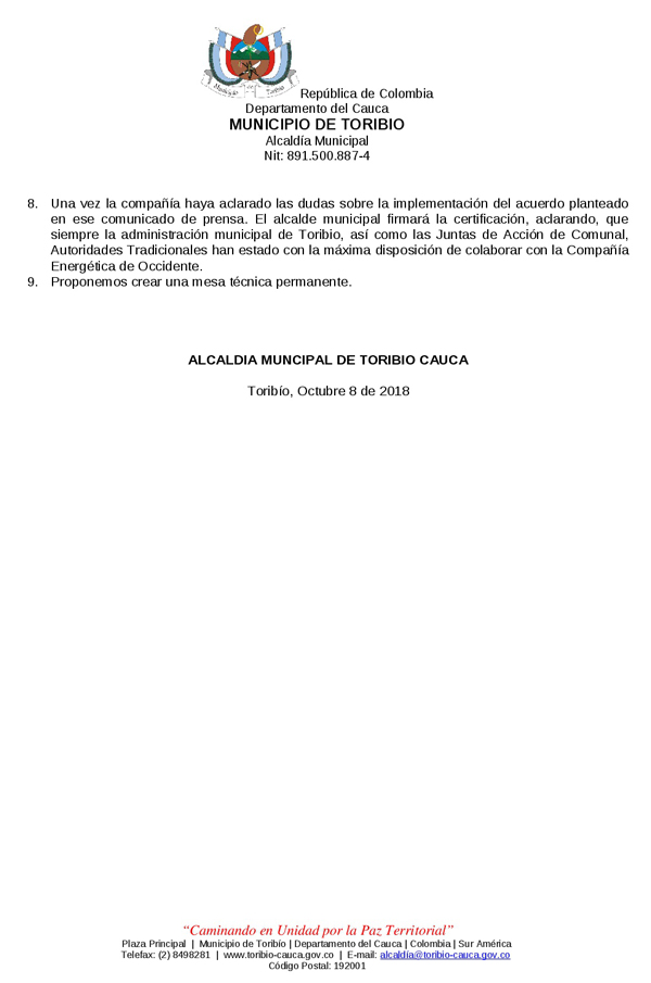 COMUNICADO A LA OPINIÓN PUBLICA ALCALDÍA DE TORIBÍO