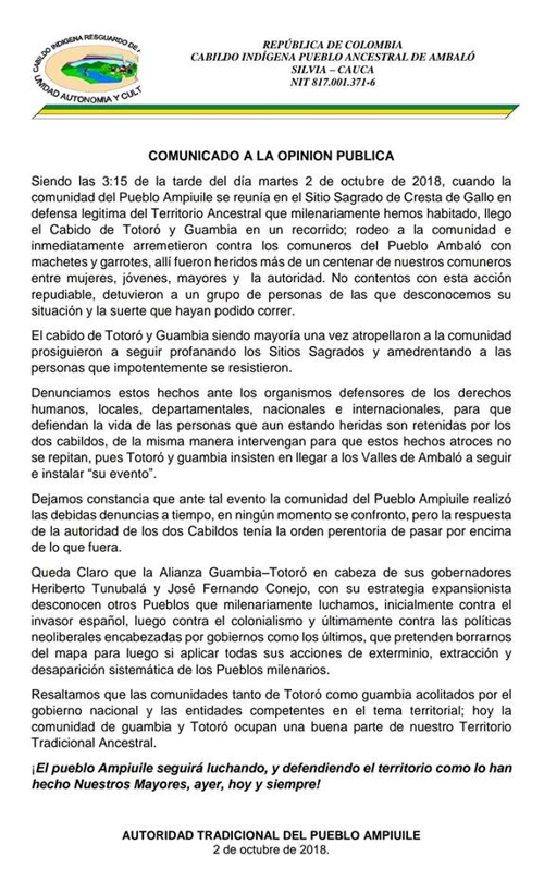 Autoridad indígena de Ambaló reportó hoy más 100 heridos a machete y garrote