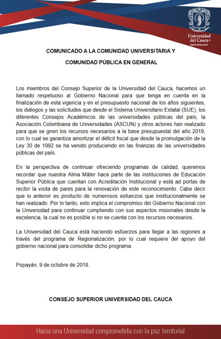 Unicauca y Gobernación piden ayuda por desfinanciamiento de la universidad Unicauca y Gobernación piden ayuda por desfinanciamiento de la universidad