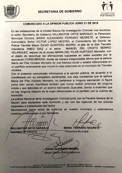 María del Pilar Hurtado, comunicado María del Pilar Hurtado, comunicado