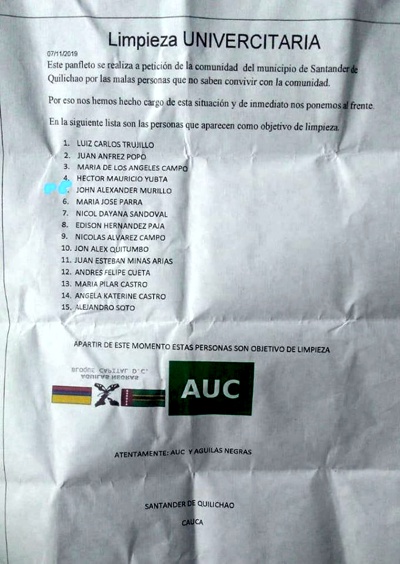 Denuncian amenazas contra universitarios de Quilichao