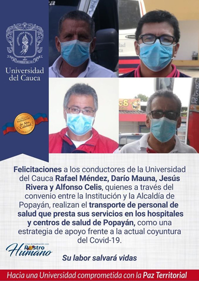 Unicauca presta servicio de transporte a personal de la salud