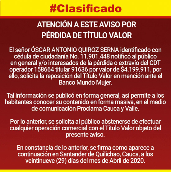 ATENCIÓN A ESTE AVISO POR PÉRDIDA DE TÍTULO VALOR ATENCIÓN A ESTE AVISO POR PÉRDIDA DE TÍTULO VALOR