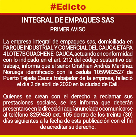 Integral de Empaques SAS informa Integral de Empaques SAS informa