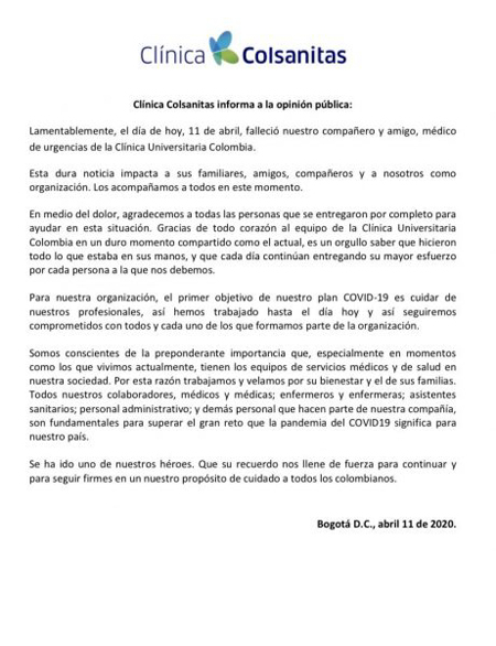 Muere primer médico por coronavirus en Colombia