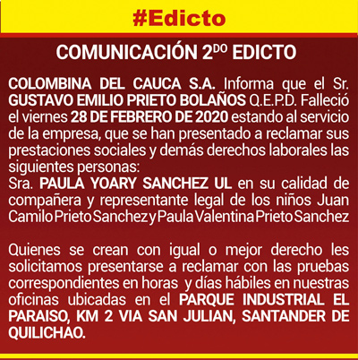 Segundo edicto Colombina del Cauca S.A.