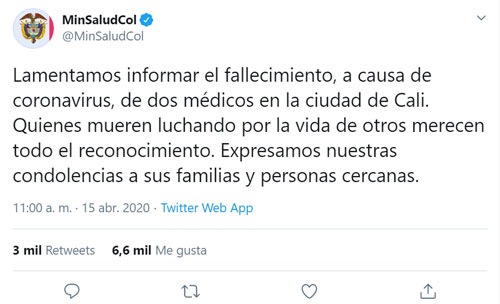 Fallecieron dos médicos por coronavirus en Santiago de Cali