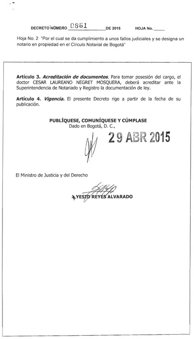 Decreto 0861 del 29 de abril del 2015