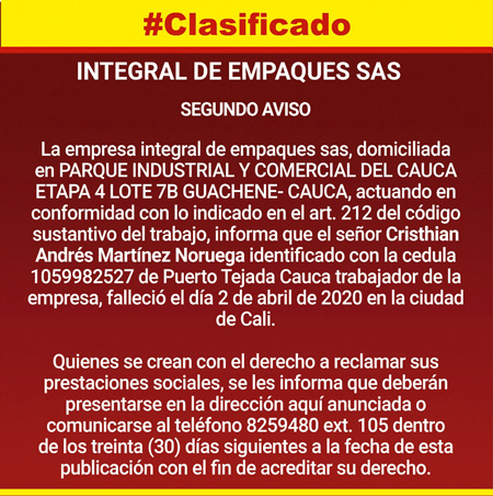 Integral de Empaques SAS informa - Segundo Aviso Integral de Empaques SAS informa - Segundo Aviso