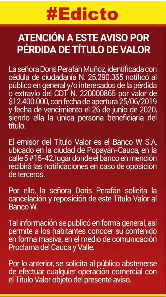 ATENCIÓN A ESTE AVISO POR PÉRDIDA DE TÍTULO VALOR - Doris Perafán ATENCIÓN A ESTE AVISO POR PÉRDIDA DE TÍTULO VALOR - Doris Perafán