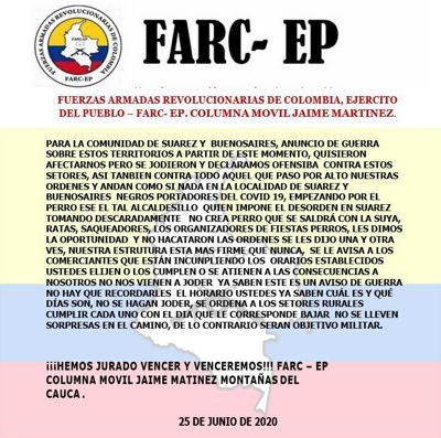 Panfleto disidencias FARC Panfleto disidencias FARC